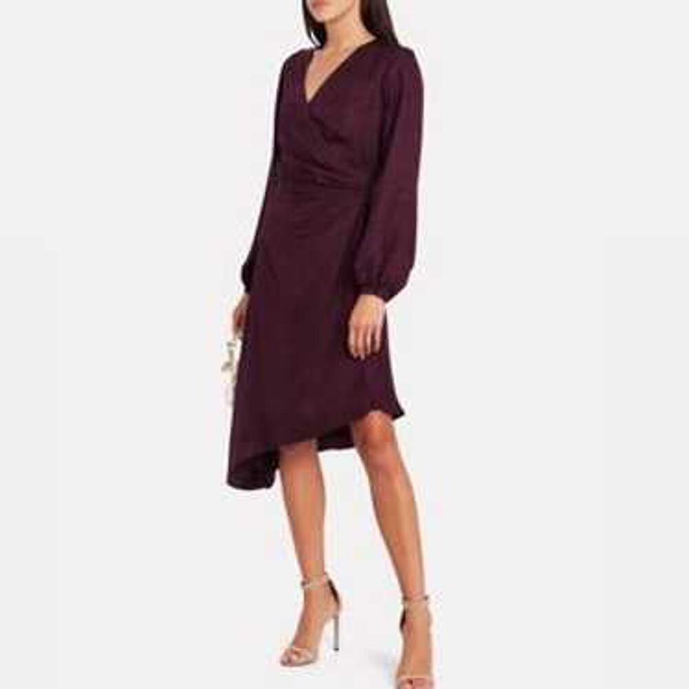 Intermix Burgundy Silk Ruched Long Sleeve V Neck Faux Wrap Dress Wine Flowy 4